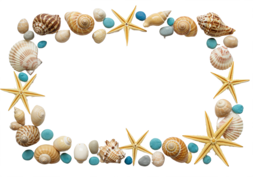 Seashells Frame Border Design Featuring Assorted Ocean Shells Arranged Aesthetically for Summer Decor, Isolated on Transparent Background PNG