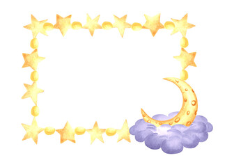 Frame with crescent moon and stars watercolor illustration for baby desings. Hand drawn isolated horizontal border from yellow sparkle. Background in kids fairy dreams style. Template with copy space.