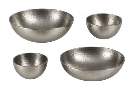 Four hammered metal bowls isolated on transparent background