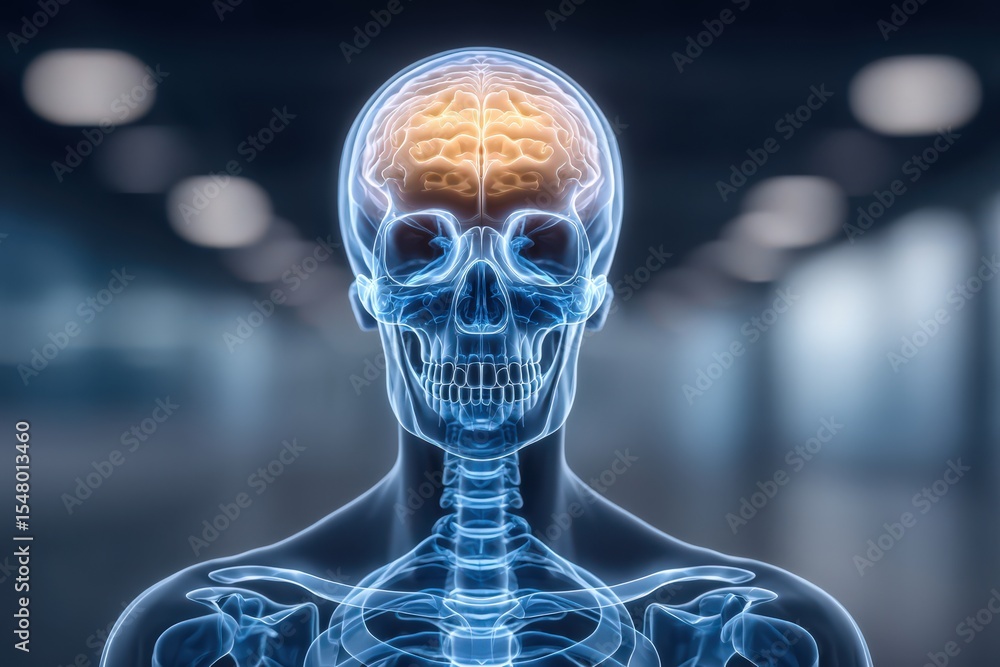 Poster intricate human skull x-ray with illuminated brain functionality showcasing detailed structure and a