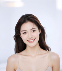 Portrait of an elegant Asian woman with delicate hairstyle and long smooth black hair, suitable for beauty salon, skin care, plastic surgery agency, dermatology poster modeling