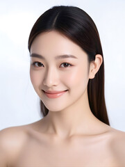 Stylish beauty model, beautiful Asian woman with long smooth black hair, for beauty salon, skin care, poster modeling