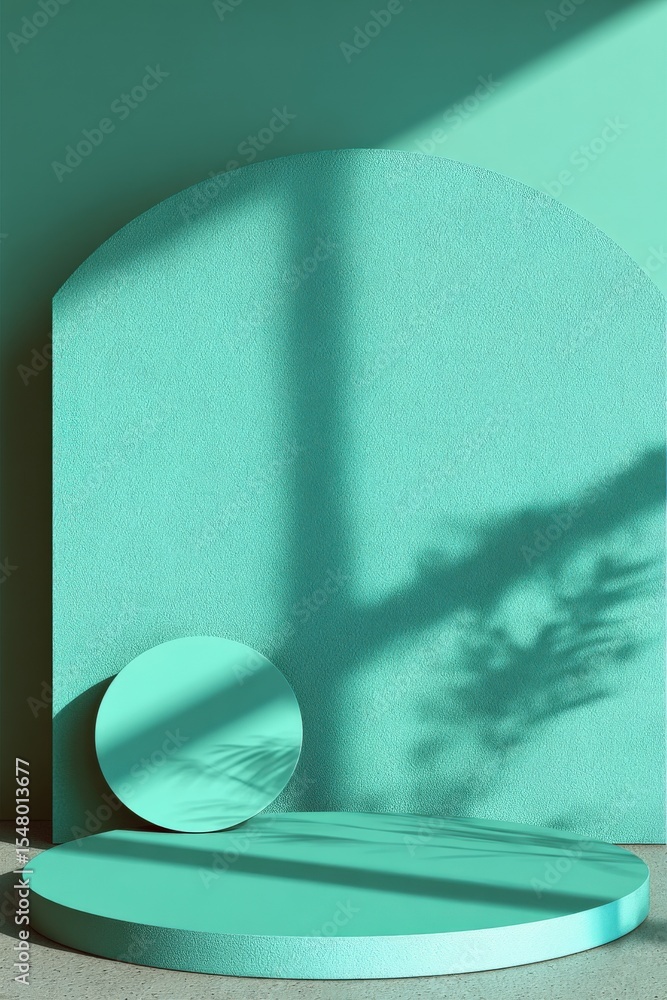 Poster Minimalist Turquoise Circular Podium with Shadow and Abstract Background for Modern Art Display or Product Presentation Design
