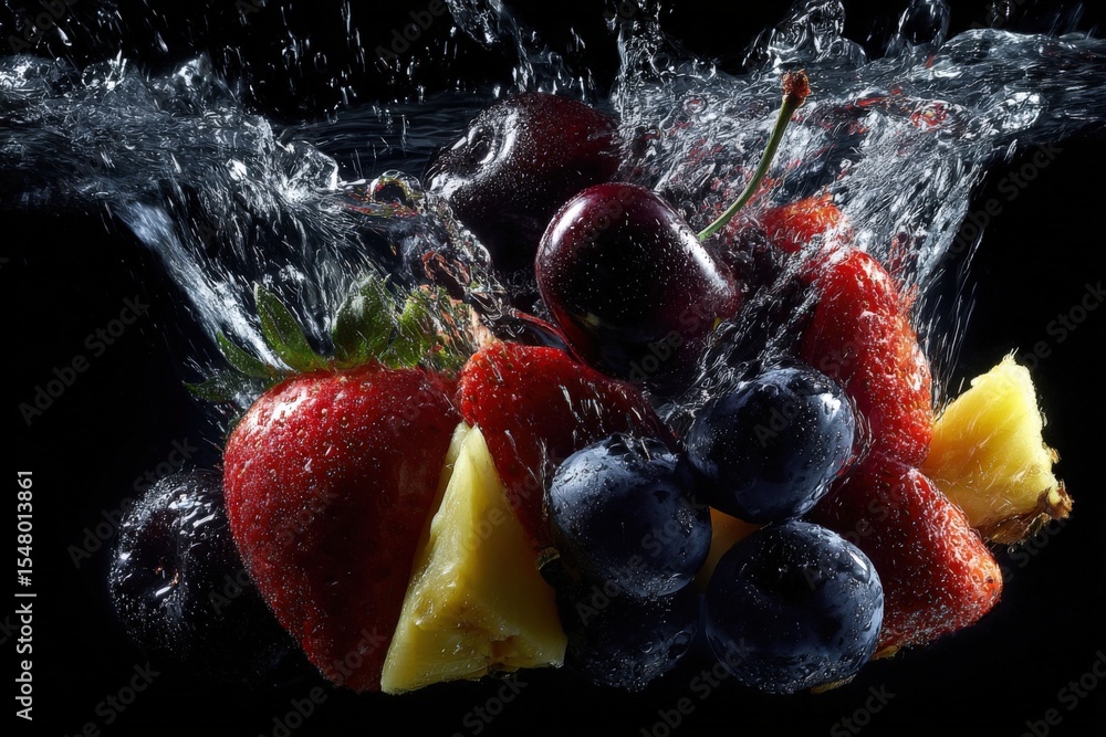 Poster fresh assorted berries including strawberries blueberries cherries pine and watermelon submerged in 