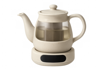Stylish teapot with infuser brewing fresh tea on transparent background