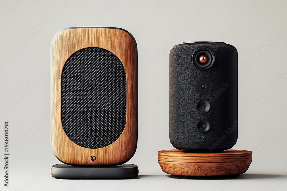 Poster modern black and wooden tech speakers with sleek design and high-quality sound output for home enter