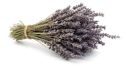 A bundle of dried lavender flowers tied together with a rubber band. The lavender is a muted purple color and the stems are a light brown.