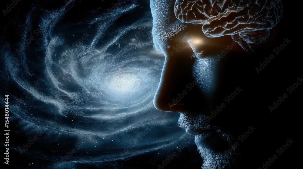 Aufkleber Conceptual image of a human head with illuminated brain inside, galaxy universe swirl and nebula in background, representing creativity