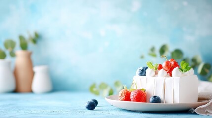A delectable pavlova dessert is elegantly presented on a plate garnished with fresh strawberries blueberries and red currants accompanied by sprigs of mint against a soft blue