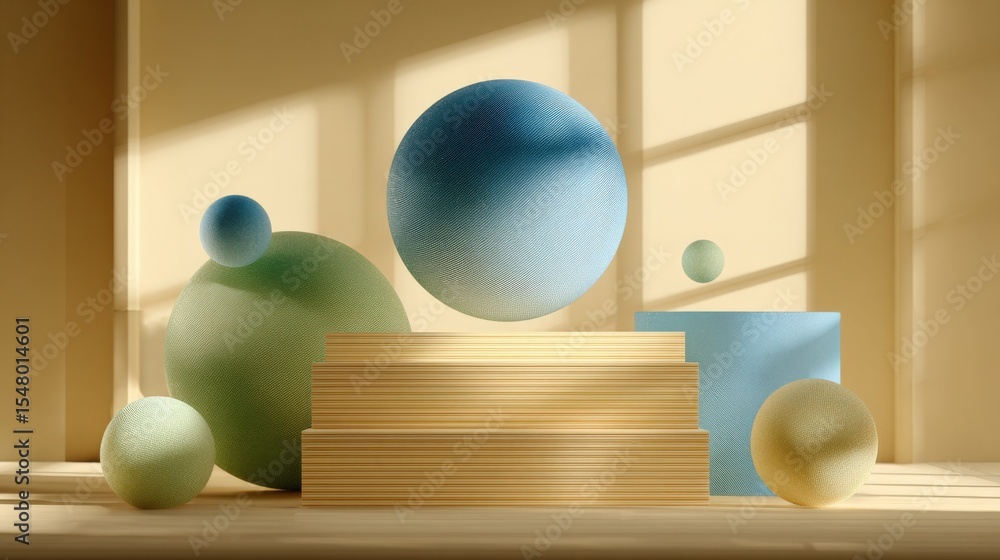 Poster modern minimalist geometric art composition with large and small spheres on tiered wooden platform i
