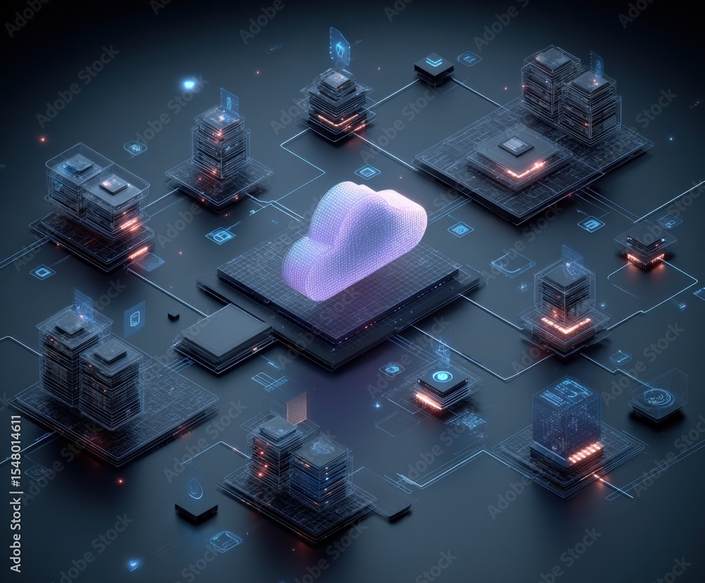 Poster futuristic digital cloud computing technology environment with servers and data storage connected in a high tech network scene