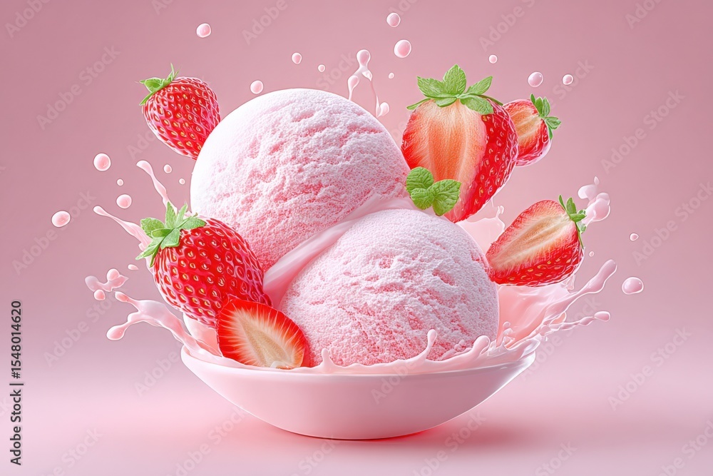 Poster bright colorful image of two pink strawberry-flavored ice cream scoops in a bowl surrounded by fresh