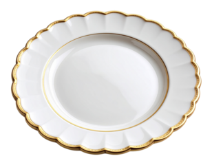 Angled View of Scalloped White Plate with Intricate Double Gold Rim Pattern, Isolated on Transparent Background