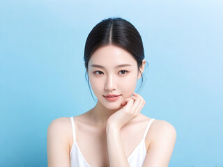 Beauty agency poster model with delicate hairstyle, Asian beauty with fair skin and delicate features with a smile on her face. For beauty salon, skincare, plastic surgery organization