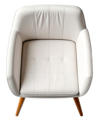top view of single white leather armchair with wooden foot isolated on white