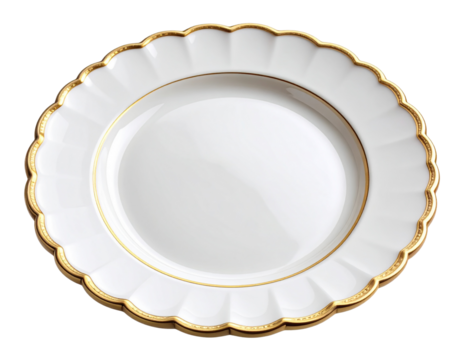  Angled View of Scalloped White Plate with Intricate Double Gold Rim Pattern, Isolated on Transparent Background
