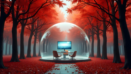 Surreal Meeting Pod in a Vibrant Autumn Forest