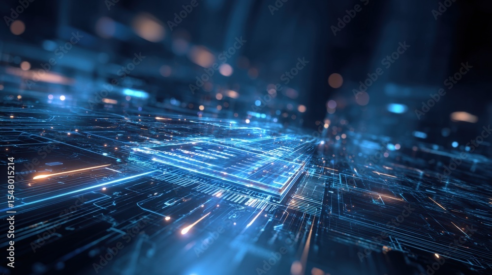 Poster futuristic digital technology circuit board with data connections and glowing blue network elements 
