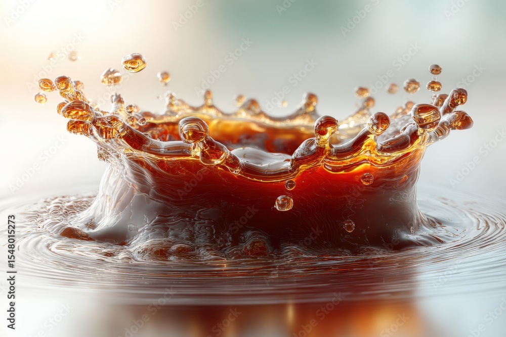 Poster close-up of a dynamic splash created by a droplet hitting liquid surface with detailed water droplet