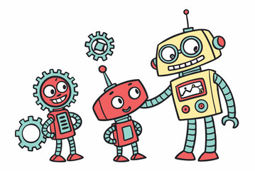 Quirky hand drawn robots vector graphic set