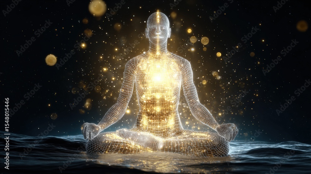 Poster advanced digital illustration of a luminous human figure meditating in a serene pose with glowing pa