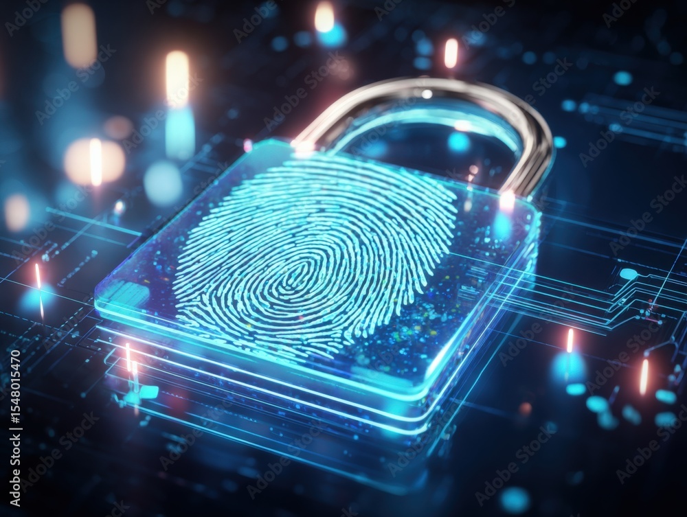 Aufkleber Advanced digital fingerprint security lock with biometric fingerprint scanner on futuristic technological background for secure authentication