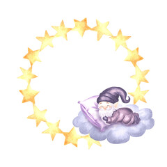 Frame with cute sleeping gnome and gold stars watercolor illustration. Hand drawn isolated round wreath with night elf for baby design. Template postcard with copy space in cozy style childrens theme.