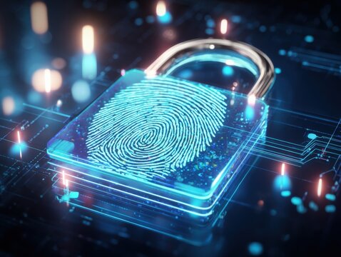 Advanced digital fingerprint security lock with biometric fingerprint scanner on futuristic technological background for secure authentication