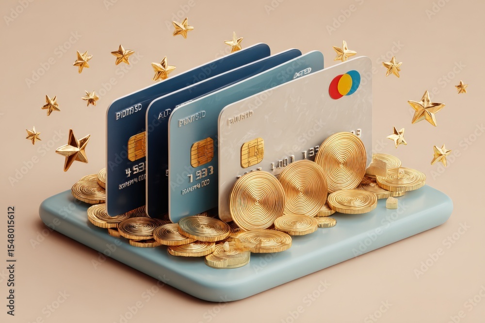 Poster close-up of multiple credit cards and stacks of coins arranged on a light blue platform with gold st