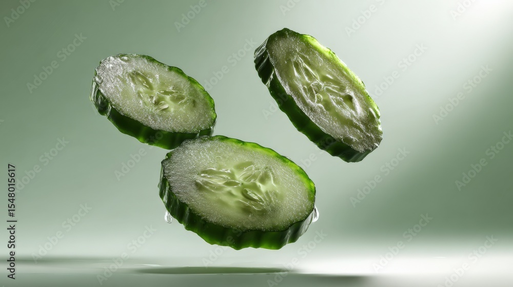 Poster Fresh Crisp Cucumber Slices Floating in Water with Droplets on Surface for Refreshing Healthy Eating and Hydration Concept