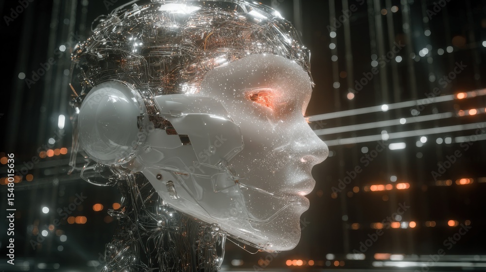 Poster futuristic humanoid robot with illuminated facial features and digital network background representi