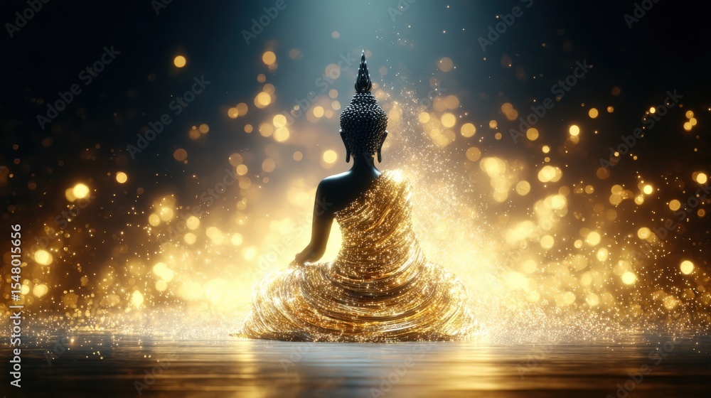 Aufkleber stunning golden buddha statue in meditation pose surrounded by luminous glowing particles in a tranq