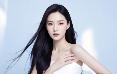 Portrait of an elegant Asian woman with delicate hairstyle, hair blown up by the wind, one hand on the chest, for beauty salon, skin care, plastic surgery agency, dermatology poster modeling