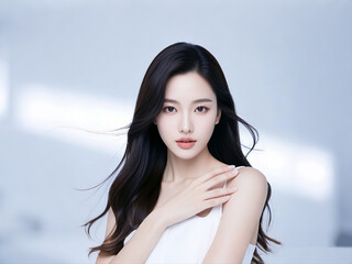 Portrait of an elegant Asian woman with delicate hairstyle, hair blown up by the wind, one hand on the chest, for beauty salon, skin care, plastic surgery agency, dermatology poster modeling