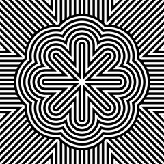 Detailed black and white lines form a captivating floral shape, surrounded by stripes, inviting viewers into a world of complexity