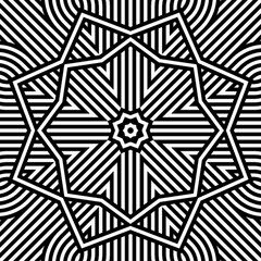 Complex design showcases a star shape with intricate black and white lines, creating an optical illusion in a symmetrical pattern