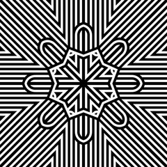 Complex geometric design showcases alternating black and white lines forming a symmetrical pattern with star-like shapes