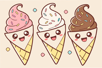 Kawaii ice cream cone characters cute vector set