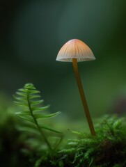 Fototapeta premium Delicate Mushroom Growing Among Green Ferns in Tranquil Forest Environment with Soft Natural Light