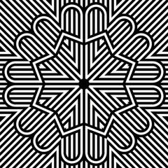 A complex arrangement of black and white lines forms a captivating geometric design with a central star-like shape