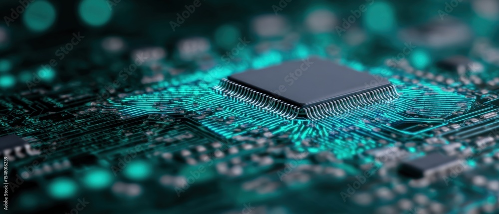 Aufkleber Close-up of a modern microchip integrated circuit on a printed circuit board with electronic components and teal backlight