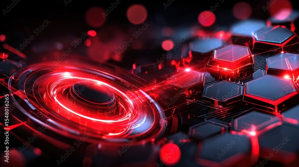 Poster futuristic digital technology concept with glowing red hexagons and dynamic circular light effects o