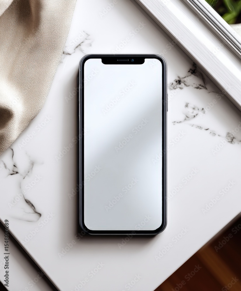 Poster modern smartphone with blank screen lying on white marble surface with beige fabric and book in brig