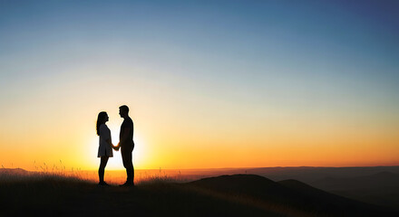 Fototapeta premium Silhouetted couple holding hands stands on hilltop during sunset, bathed in warm golden light. The horizon provides a striking backdrop, showcasing an endless blue-orange sky