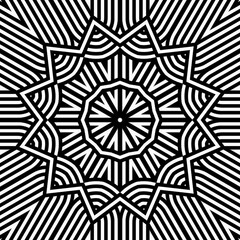 Symmetrical design features a series of black and white lines creating a star-like shape with sharp angles and a captivating pattern