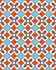 Intricate geometric pattern showcases orange diamonds and floral designs against a serene blue backdrop, ideal for various creative applications