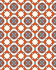 Colorful geometric design featuring orange and blue floral elements arranged in a repetitive pattern on a cream backdrop