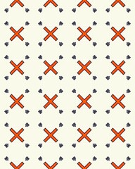 This seamless pattern showcases a dynamic arrangement of red crosses and blue hands set against a light cream background, perfect for textiles