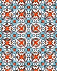 Colorful geometric shapes create a seamless pattern with orange stars and blue circles suitable for textiles and home decor