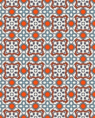 Colorful, intricate design showcases a seamless pattern with geometric shapes and vivid hues, ideal for textiles, wallpapers, and crafts